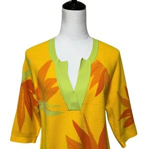 Soft Surroundings Top Womens Medium Yellow Tropical Tunic V Neck 3/4 Sleeve